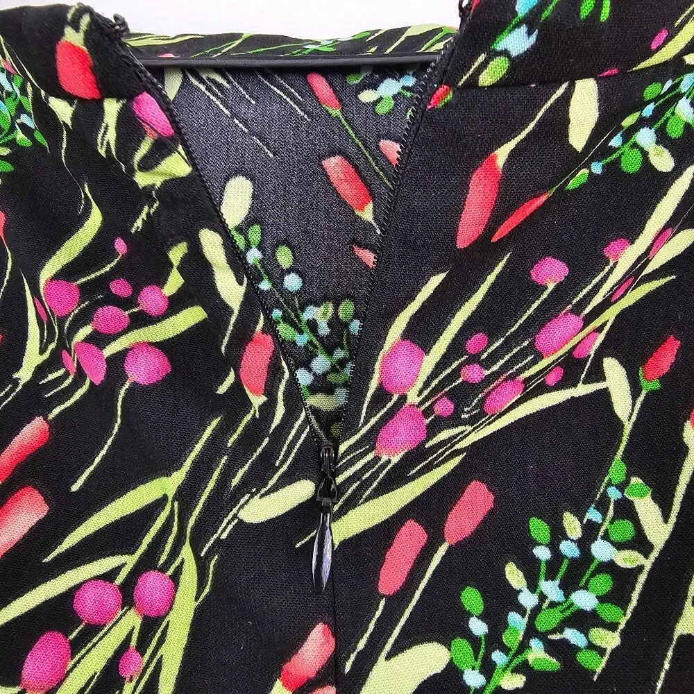 American Vintage Floral Garden Midi Skirt Sz 12 Black Pink Trim Casual Work Boho